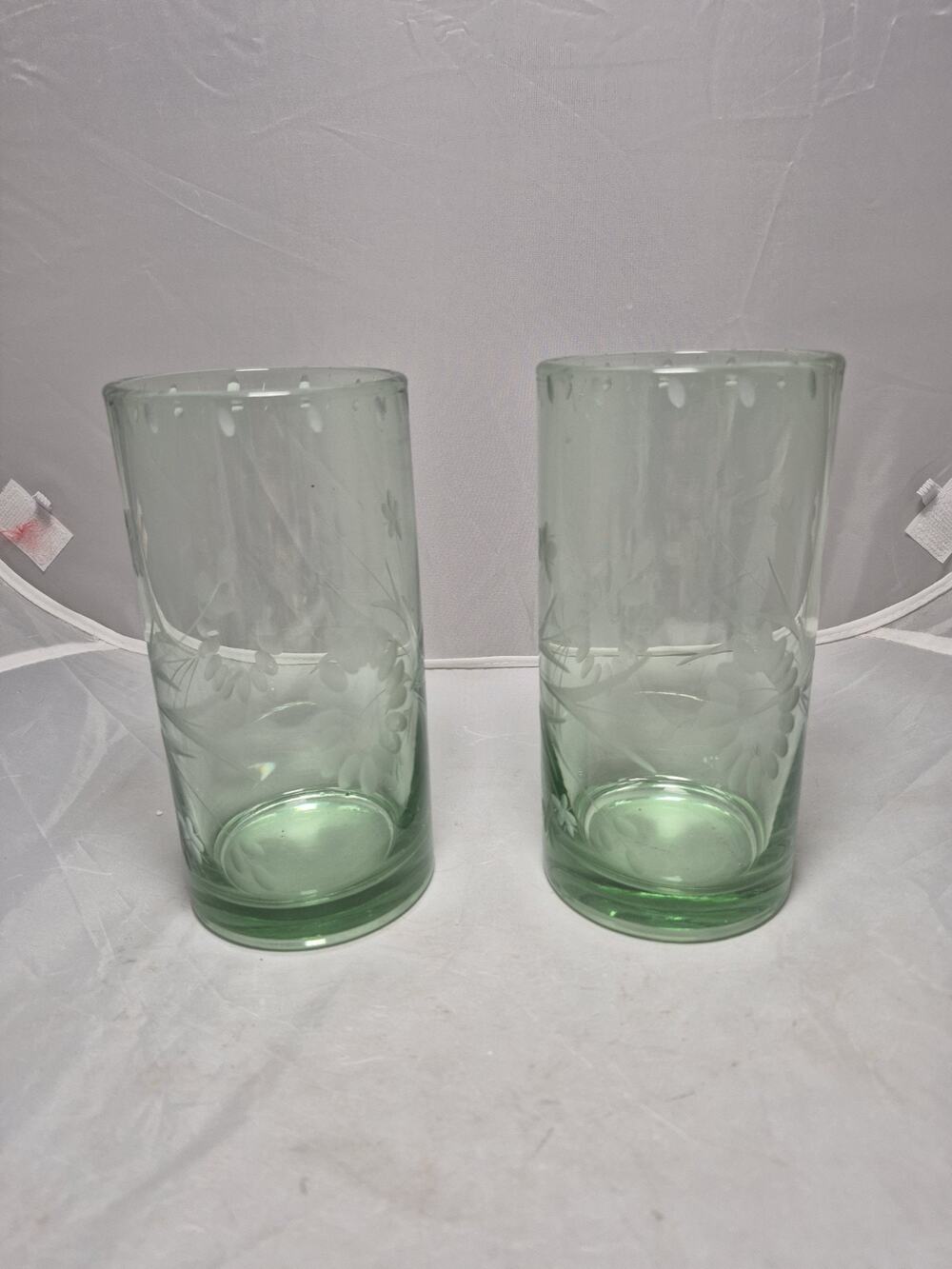 💥 Set Of 2 Bobby Flay Green Highball Tumbler Etched Glass Floral